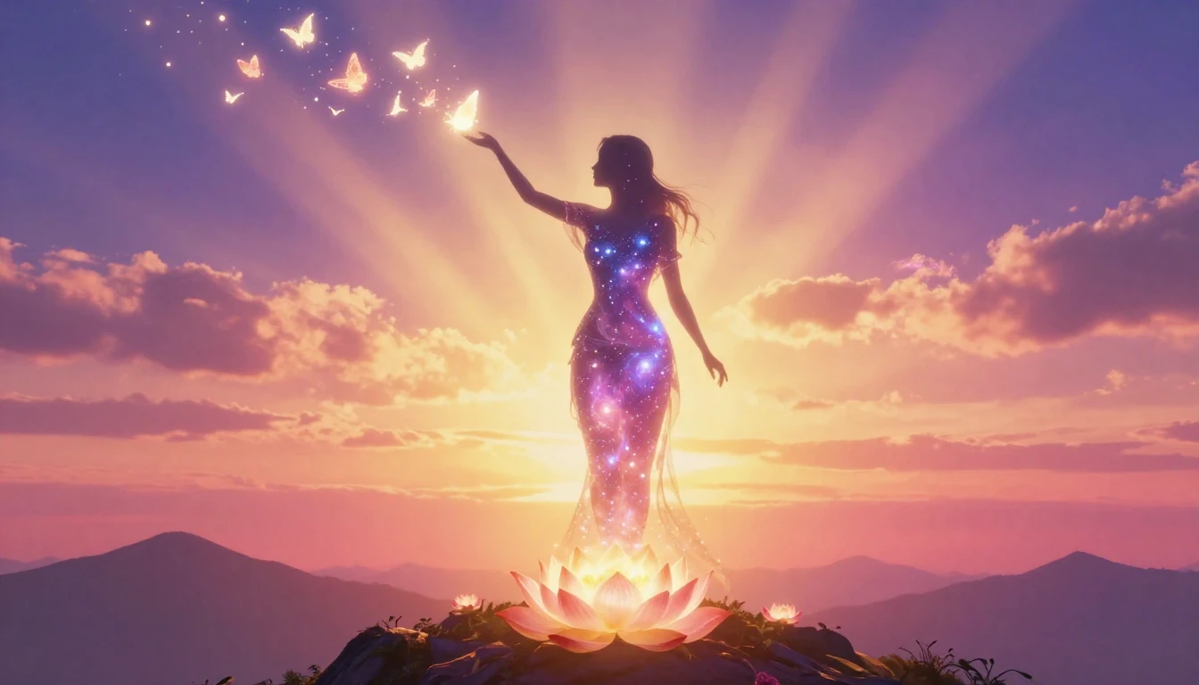 A majestic glowing silhouette of a woman formed by stardust,...