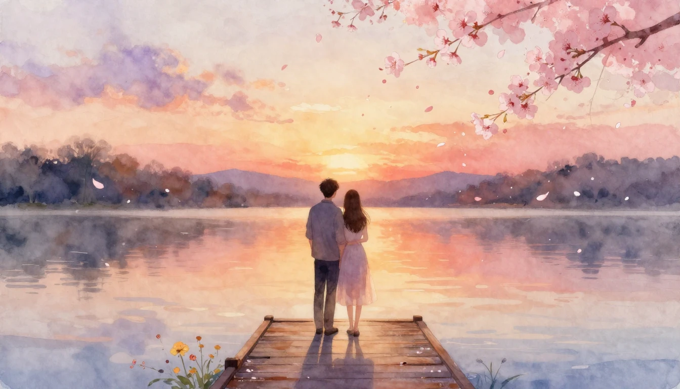 A dreamy and romantic watercolor painting of a couple standi...
