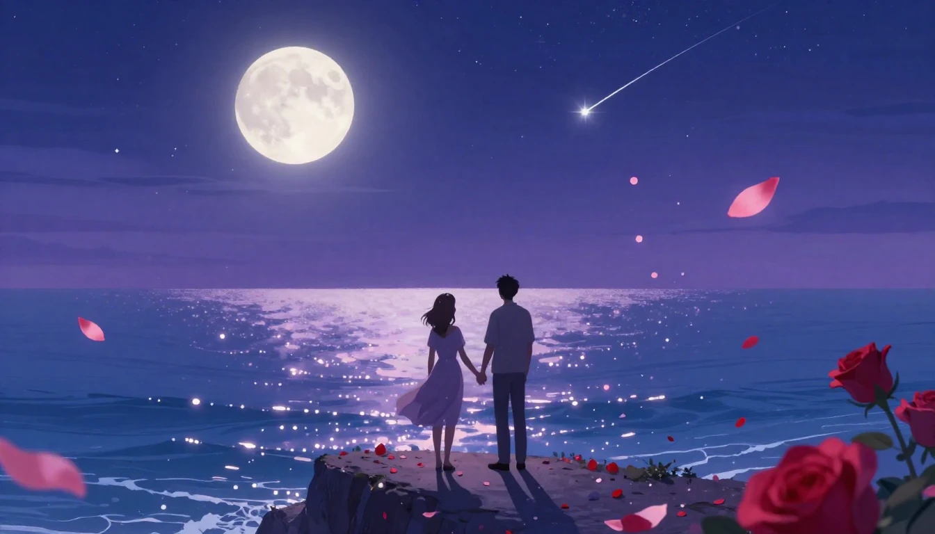 A romantic and dreamy illustration depicting a couple standi...