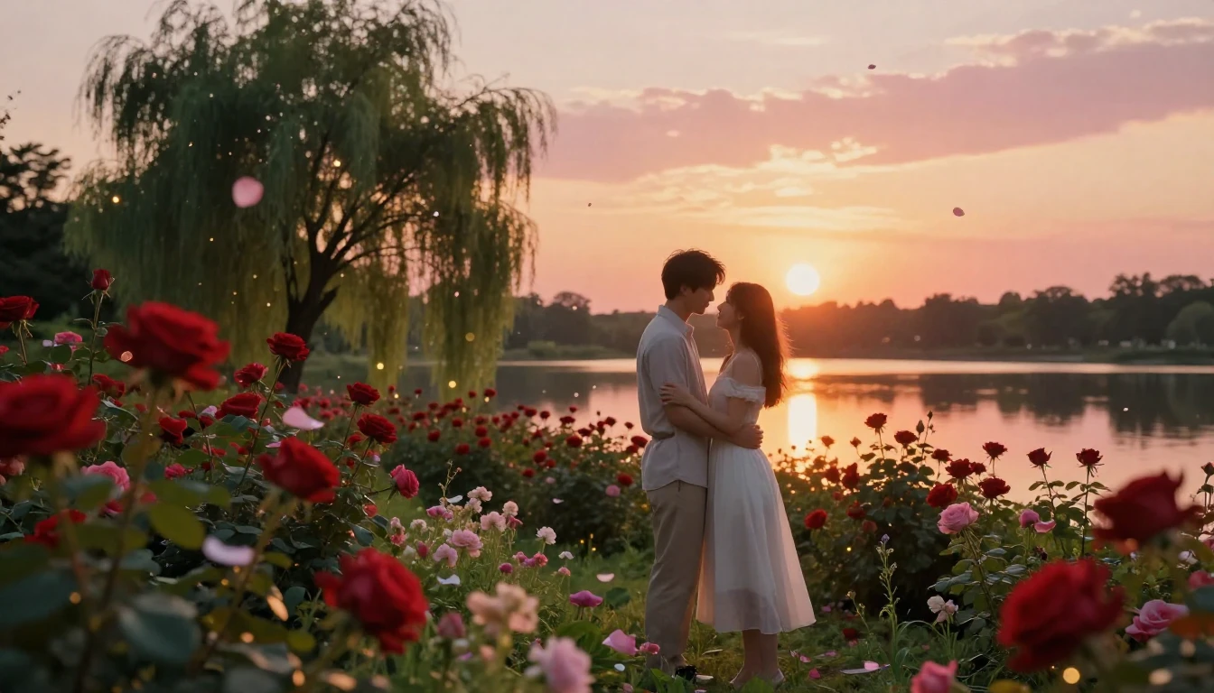 A romantic and dreamy scene of a couple standing in a lush g...