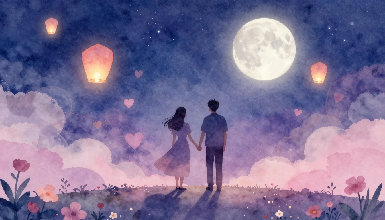 A soft and dreamy watercolor illustration depicting a romant...