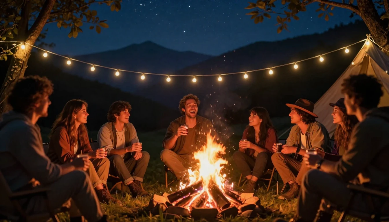 A wide cinematic shot of a warm, atmospheric evening celebra...