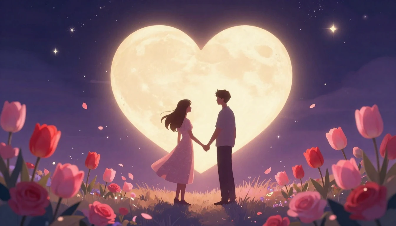 A romantic and dreamy illustration featuring two silhouette ...
