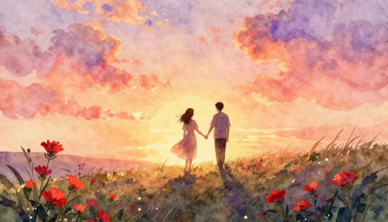 A romantic and dreamy watercolor painting depicting two silh...