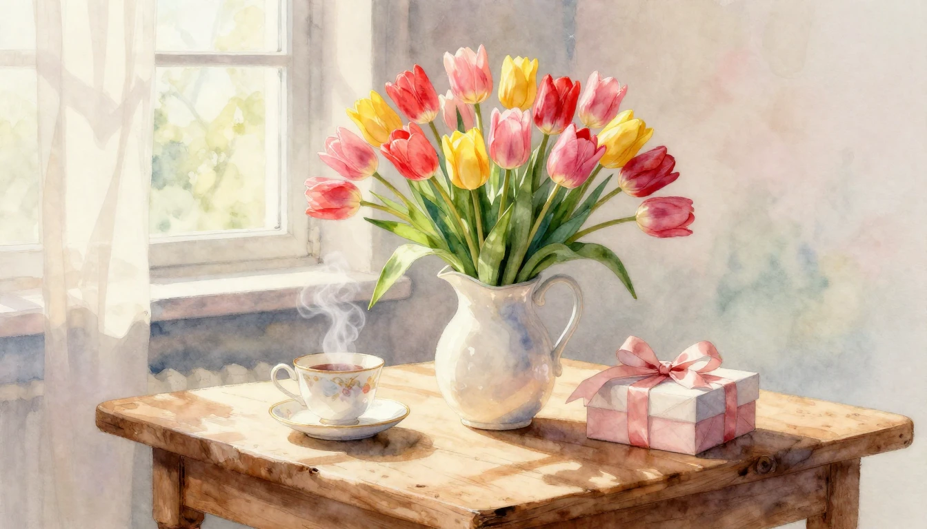 A soft and airy watercolor painting depicting a cozy morning...