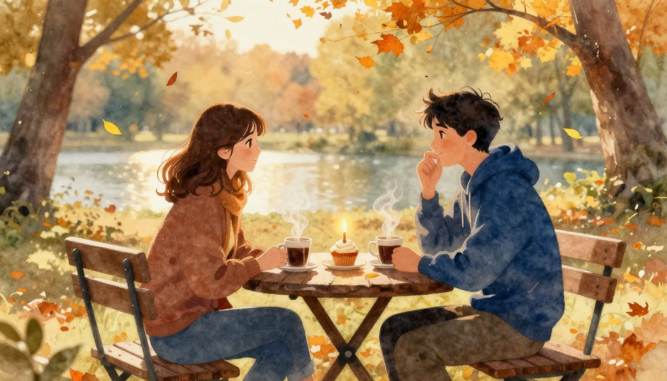 A warm and cozy scene of two friends sitting on a wooden ben...