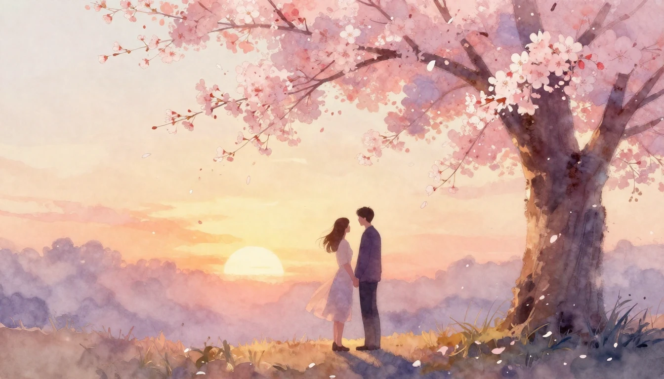 A romantic and ethereal watercolor painting of two silhouett...
