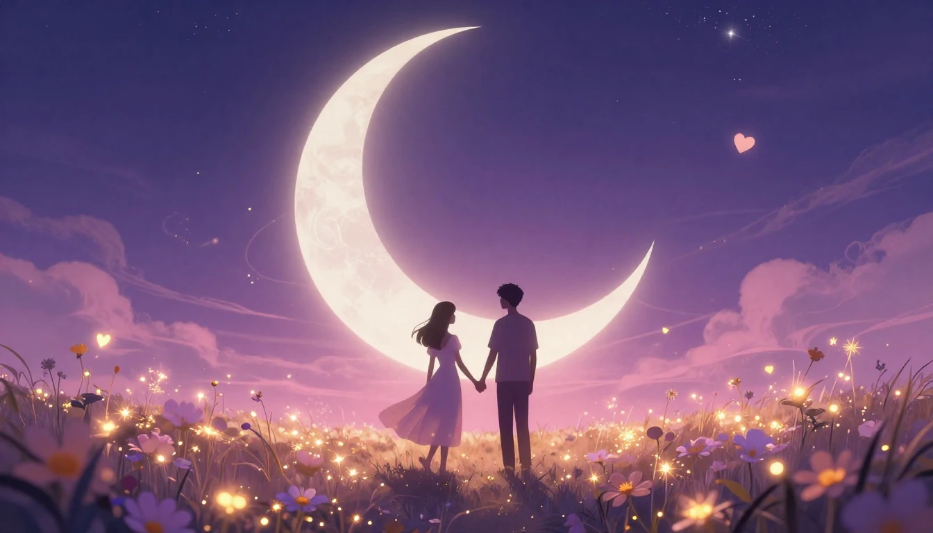 A romantic and ethereal scene featuring two stylized silhoue...