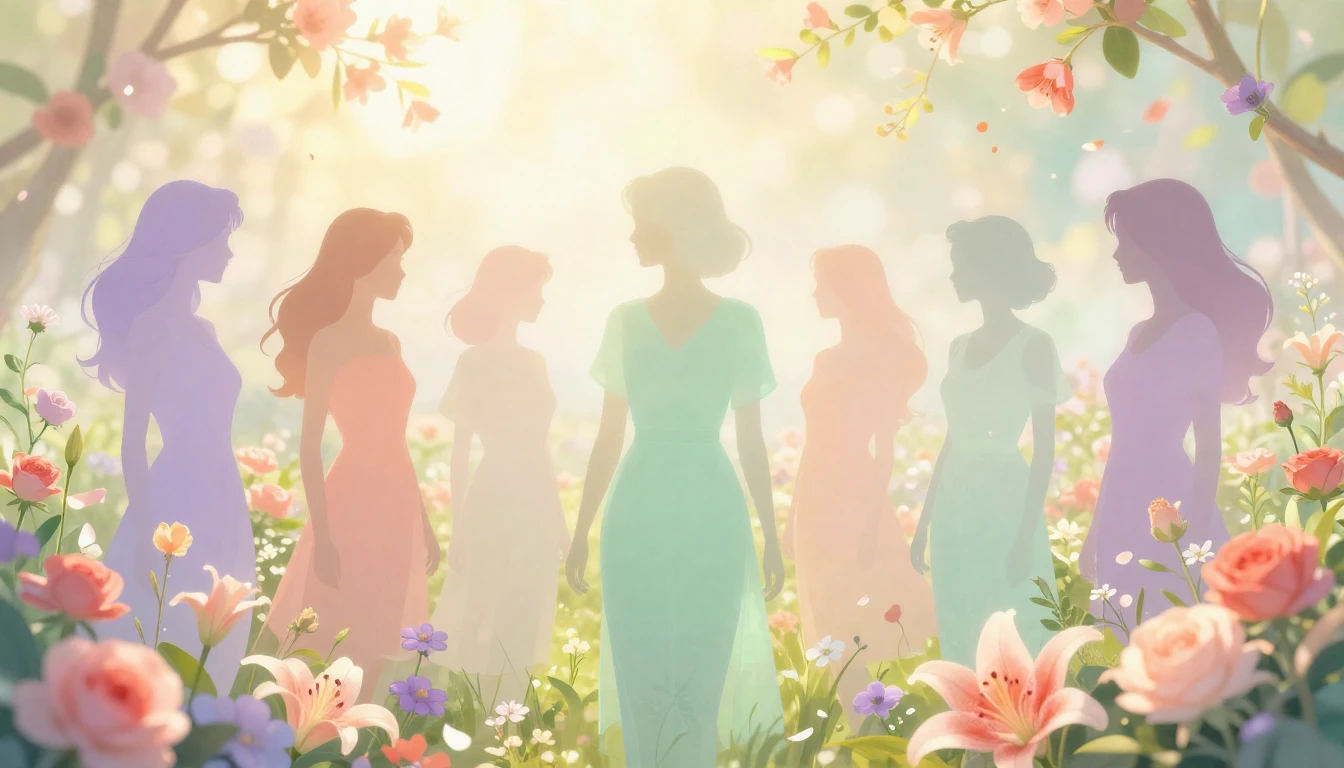 A vibrant and ethereal composition featuring soft silhouette...