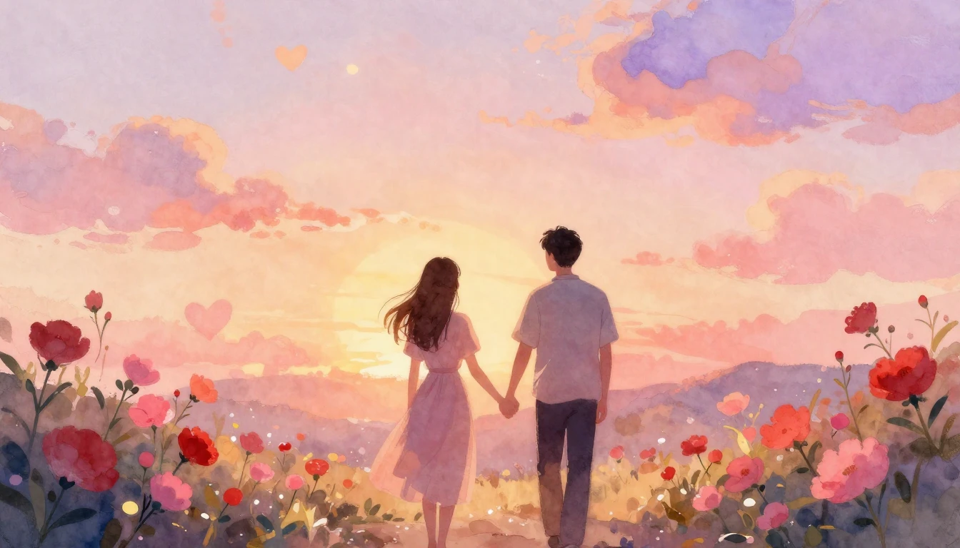 A soft and dreamy watercolor illustration depicting a romant...