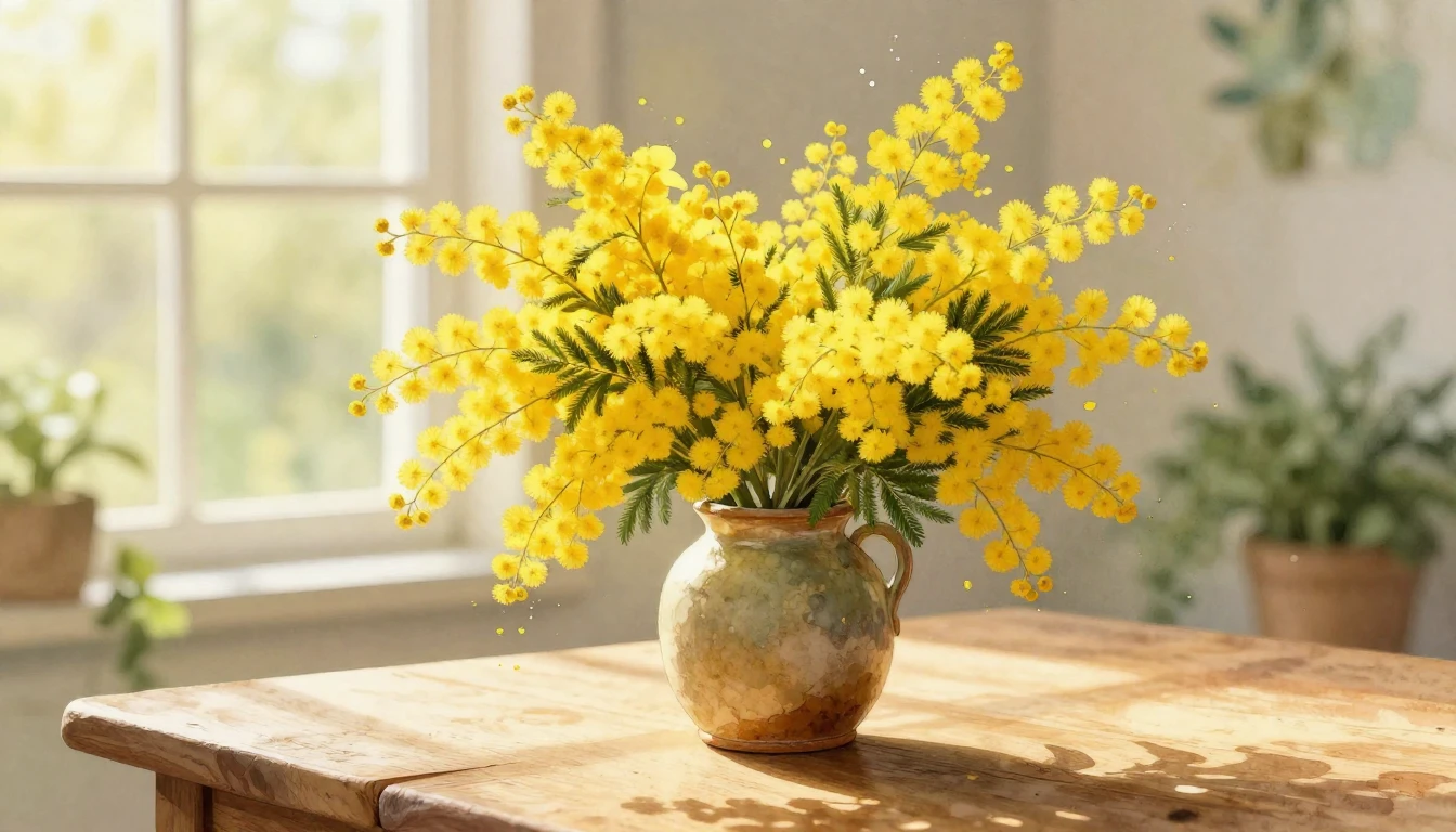 A beautiful and vibrant bouquet of yellow mimosa flowers in ...