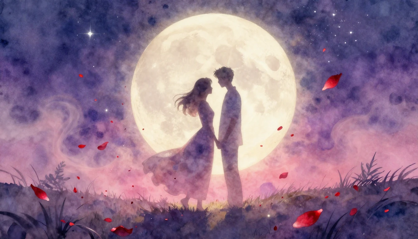 A romantic and ethereal watercolor painting featuring two ab...