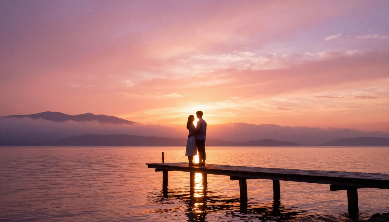A breathtaking romantic scene of a couple standing on a rust...