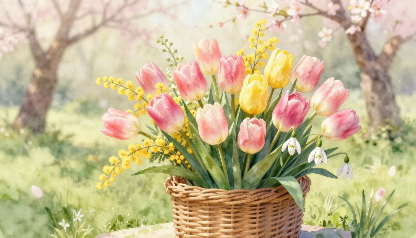 Soft and dreamy watercolor painting depicting a lush bouquet...