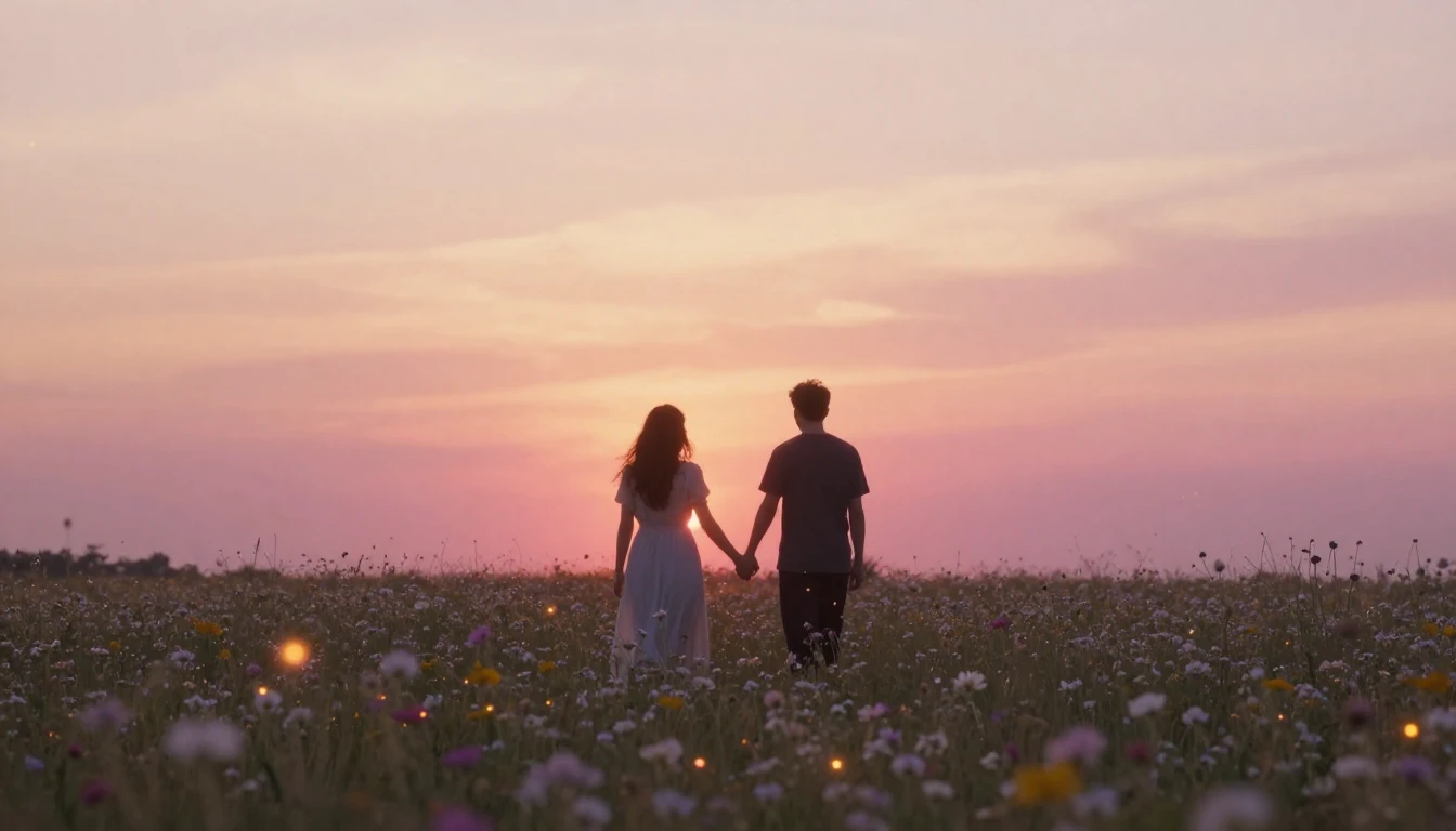 A soft and ethereal scene depicting two silhouettes walking ...