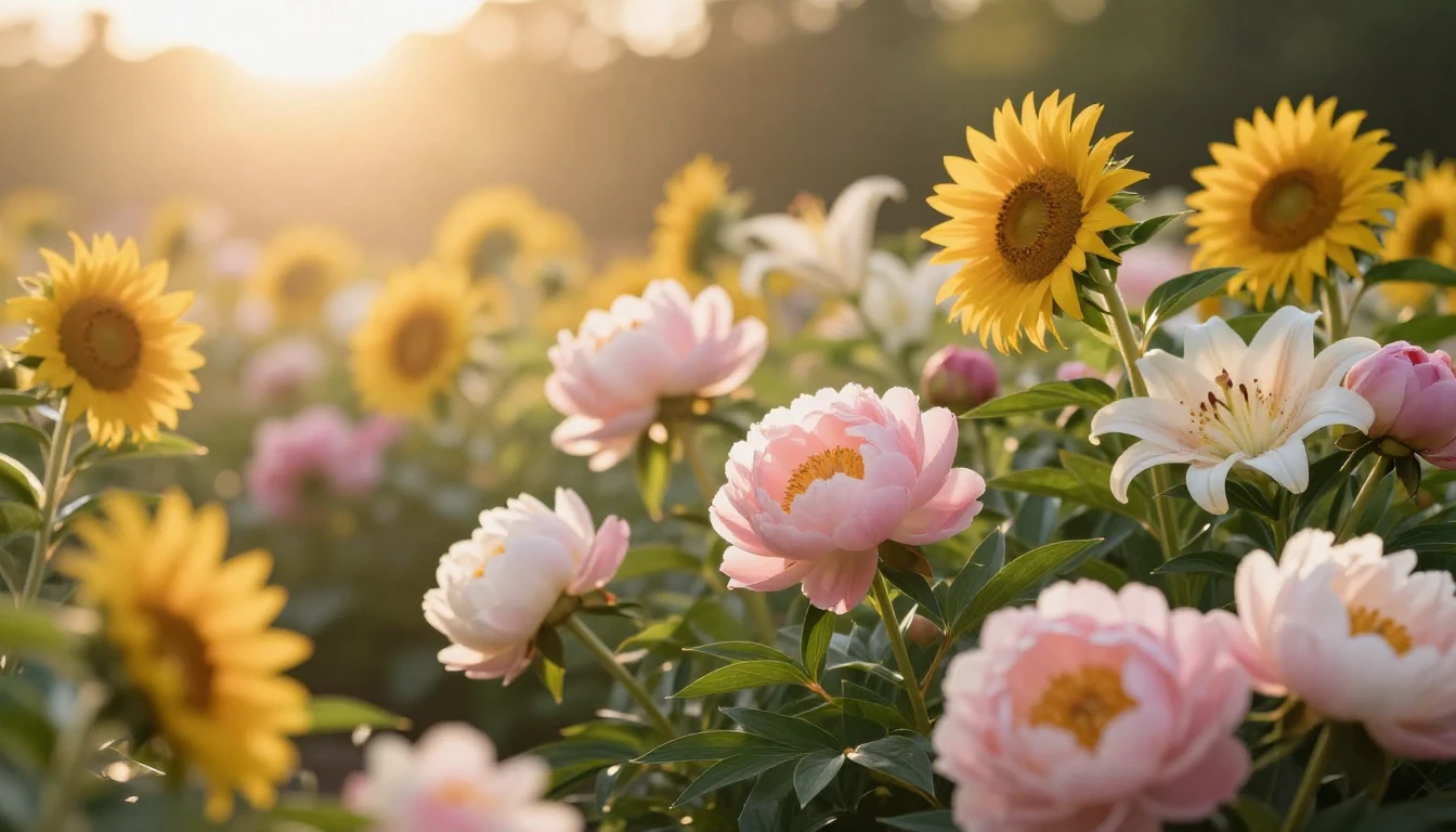 A breathtaking and vibrant garden filled with blooming peoni...