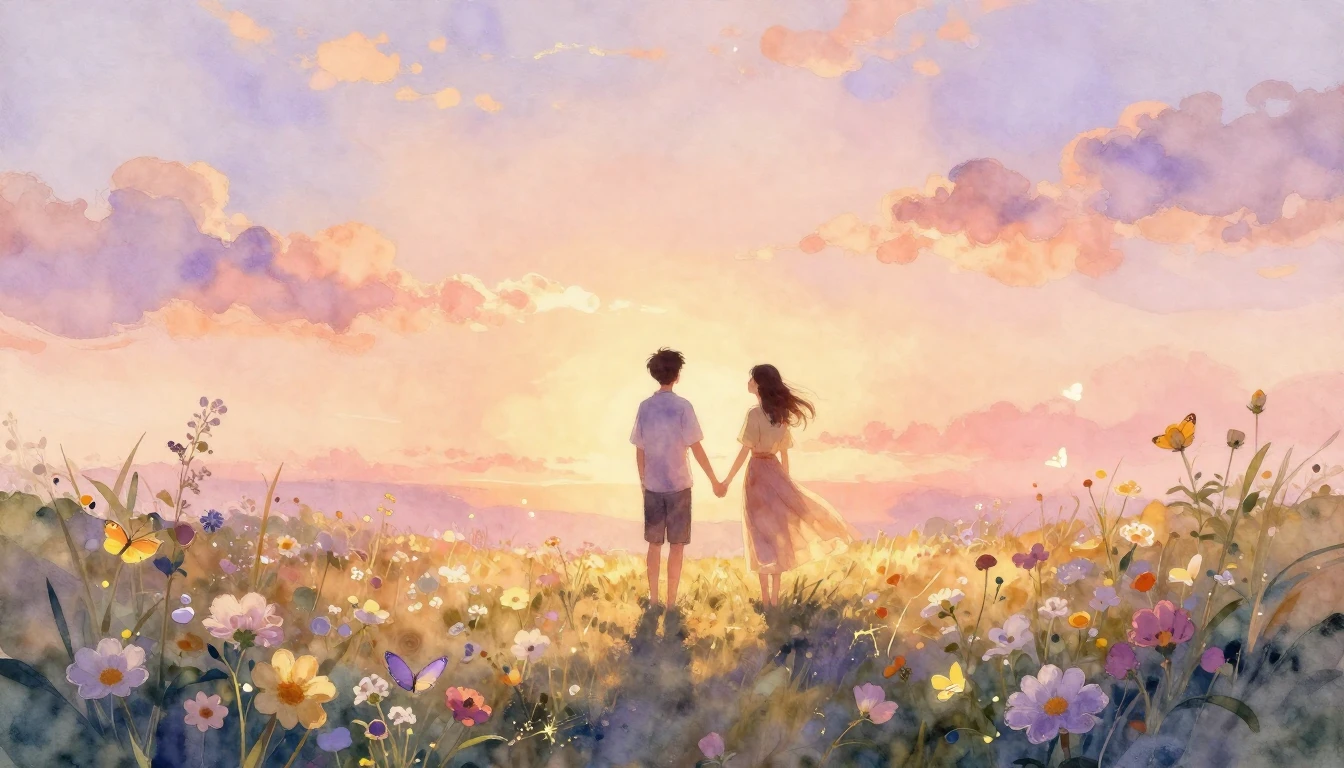 A soft and dreamy watercolor painting depicting a couple sta...