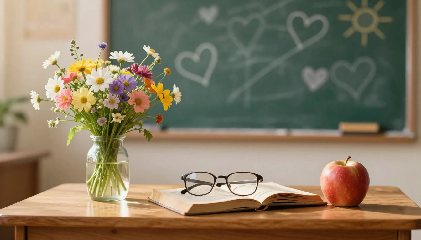 A warm and inviting scene of a wooden teacher's desk bathed ...