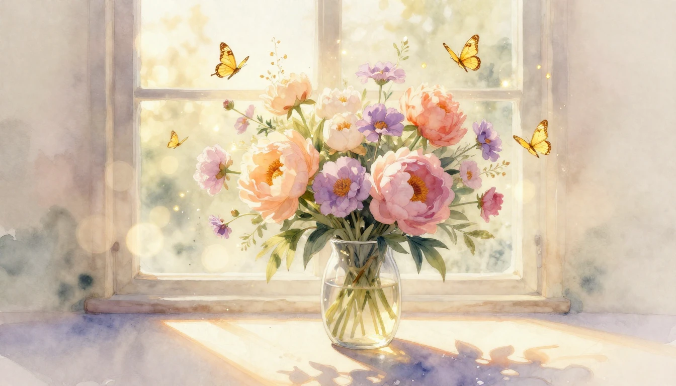 A dreamy and ethereal watercolor painting depicting a warm, ...