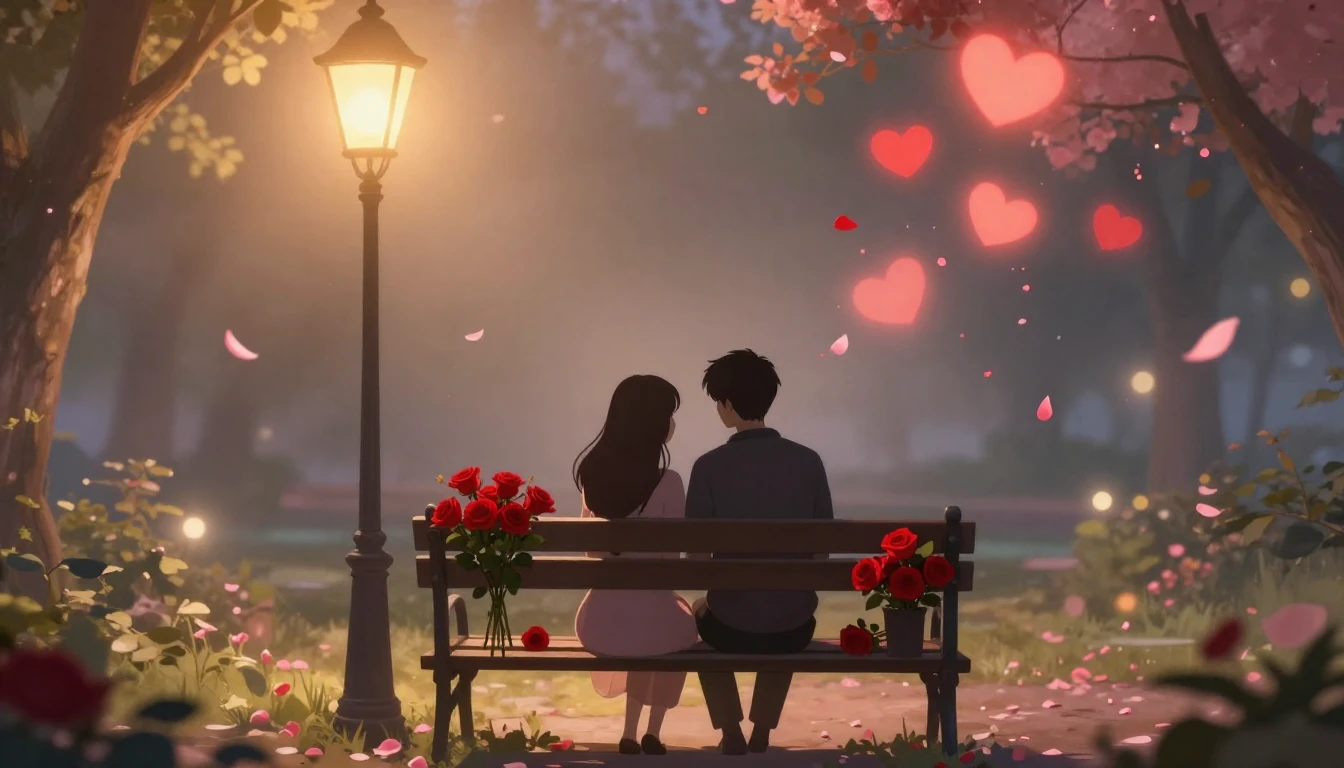 A soft and dreamy romantic composition featuring two silhoue...