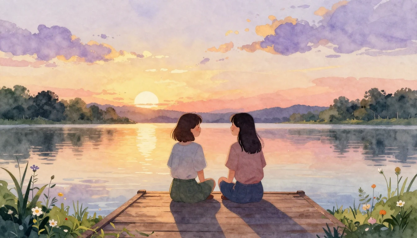 A heartwarming scene of two close friends sitting side by si...