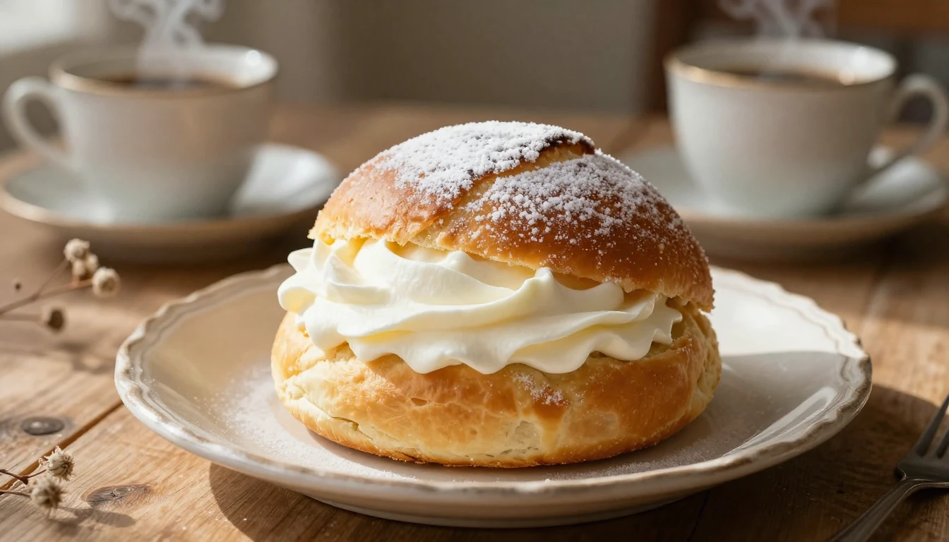 A beautiful close-up of a traditional Swedish semla bun rest...