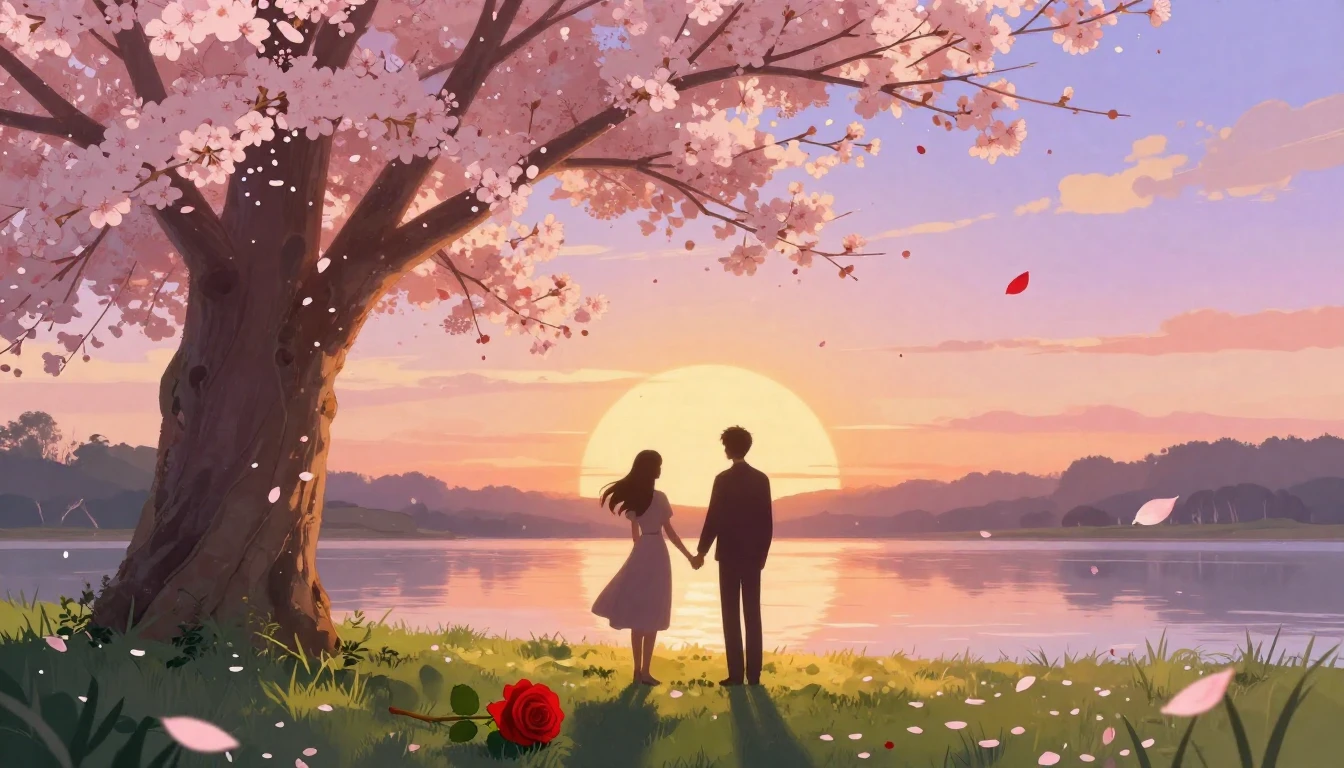 A romantic and dreamy illustration featuring two silhouette ...