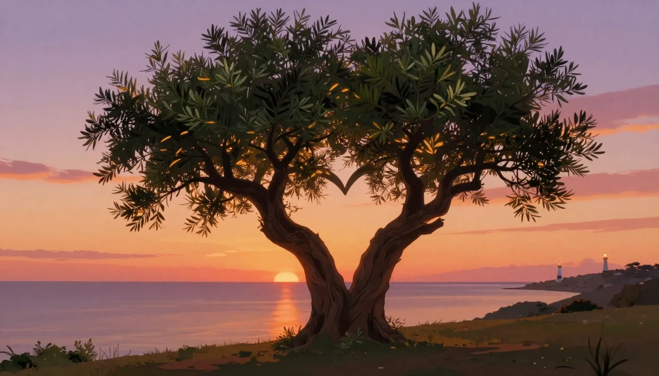 A warm, romantic illustration depicting two intertwined tree...