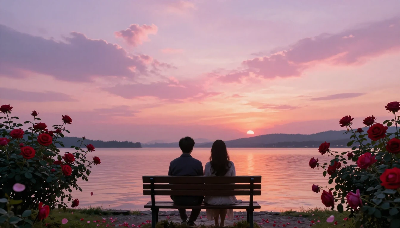 A dreamy and romantic scene featuring two silhouettes of a c...