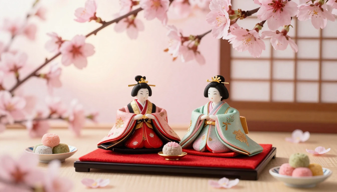 A beautiful Hinamatsuri scene featuring delicate pink peach ...