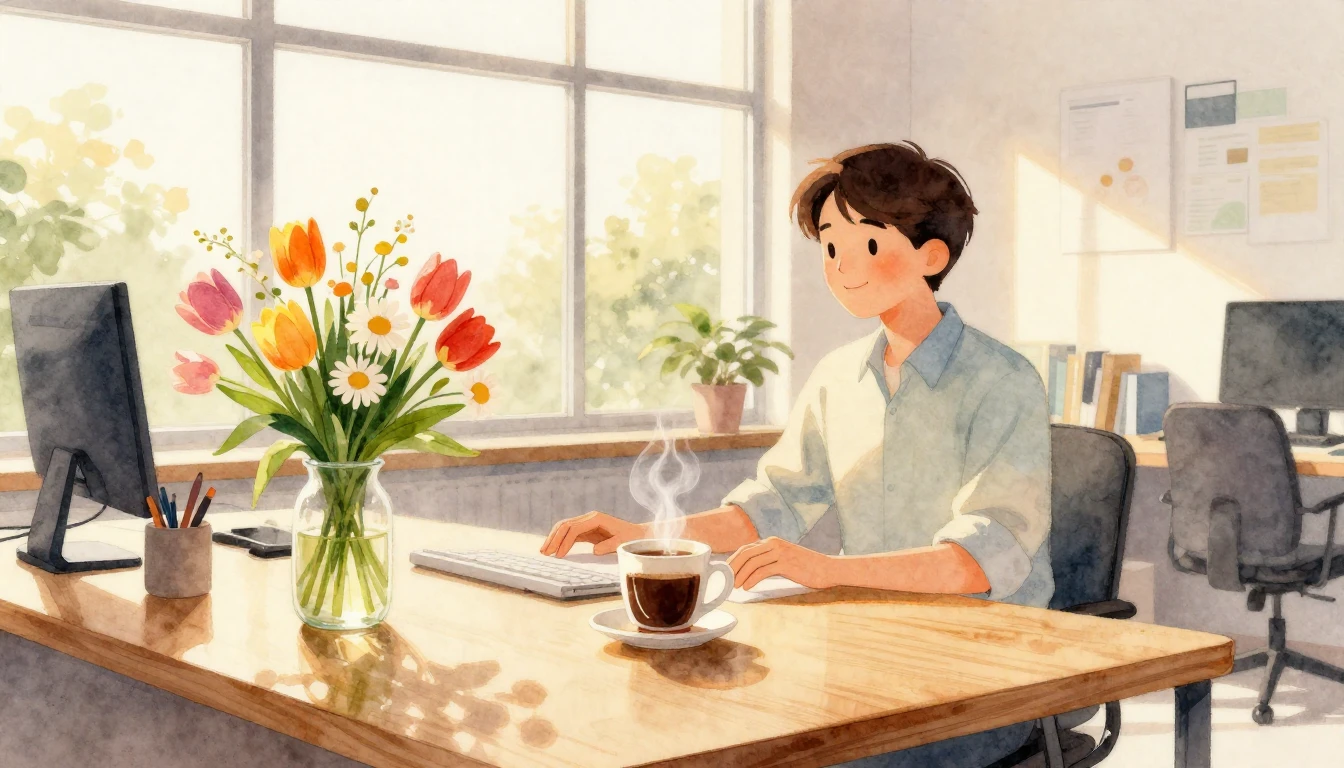 A bright and airy watercolor painting of a cozy modern offic...