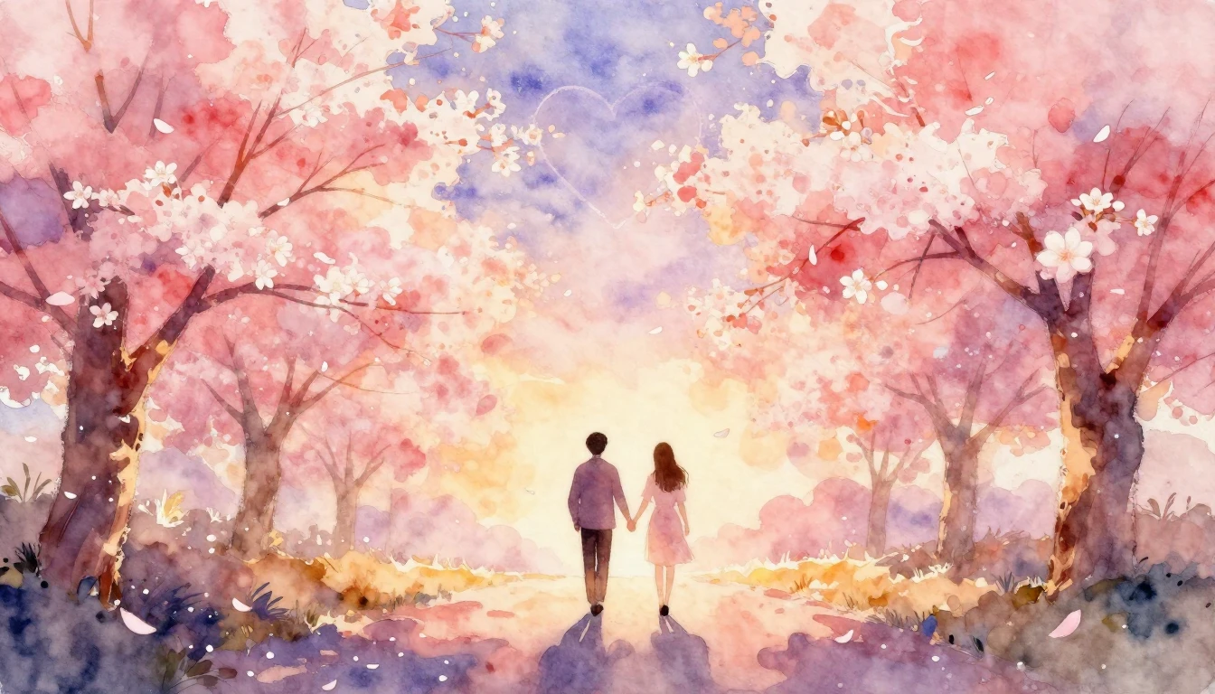 Soft watercolor painting. A romantic scene at golden hour re...