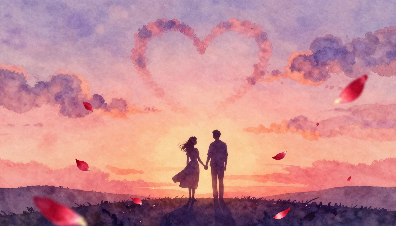 A soft and dreamy watercolor composition depicting a romanti...