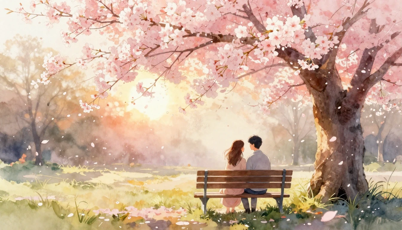 A dreamy watercolor painting of a romantic couple sitting cl...