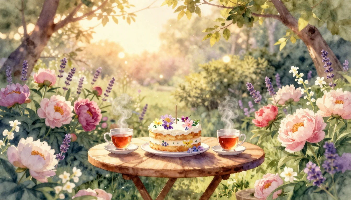 A beautiful watercolor painting of a celebratory garden scen...