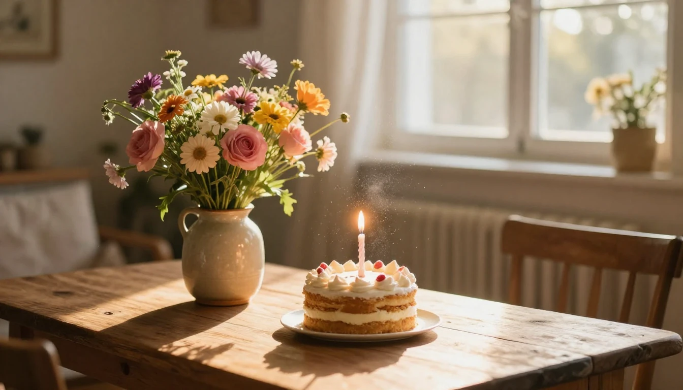 A cozy and warm indoor scene celebrating a birthday friendsh...