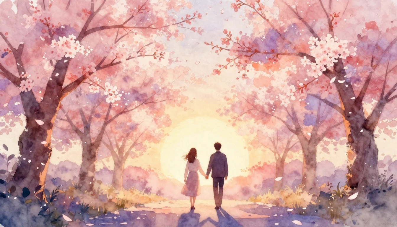 A soft and romantic watercolor painting of two silhouetted f...