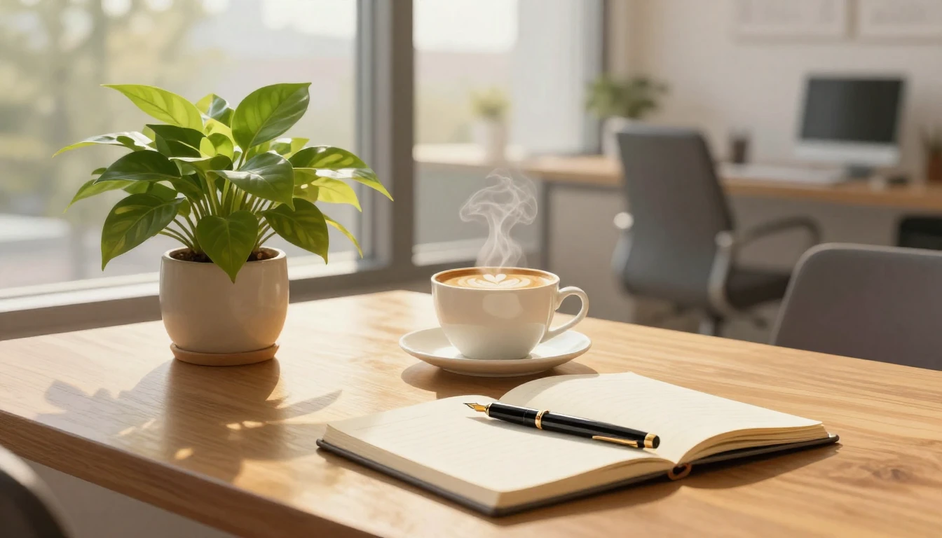 A serene and inspiring workspace scene. On a polished wooden...