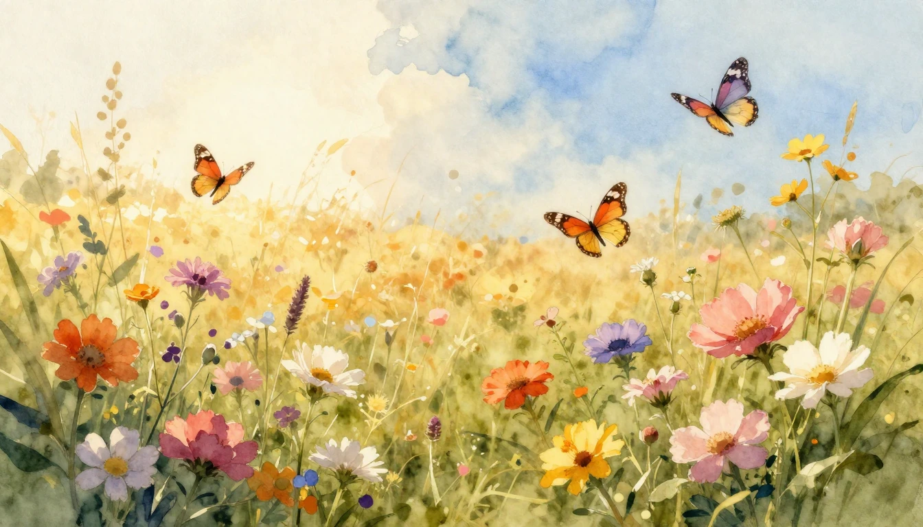 A beautiful watercolor painting of a sun-drenched meadow fil...