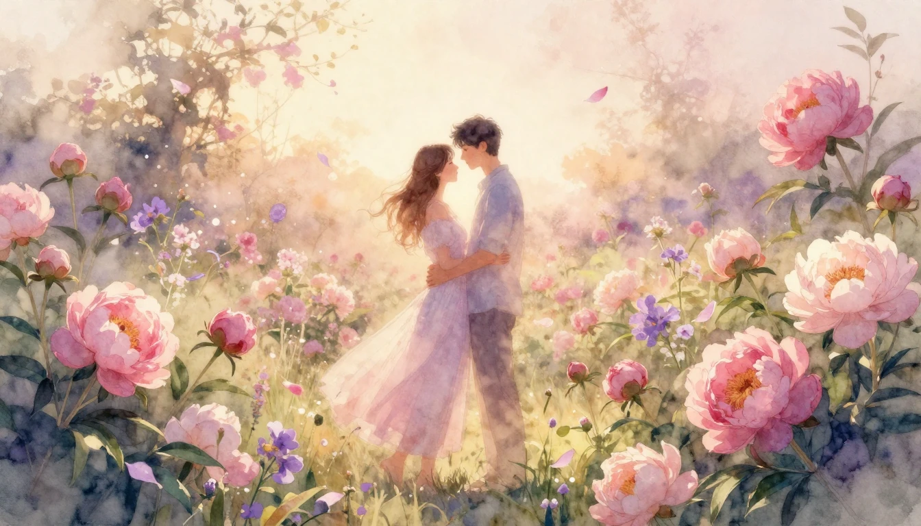 A romantic and ethereal watercolor painting depicting a coup...