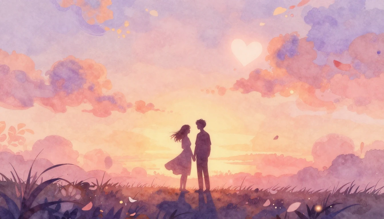 A soft and dreamy watercolor painting depicting two silhouet...