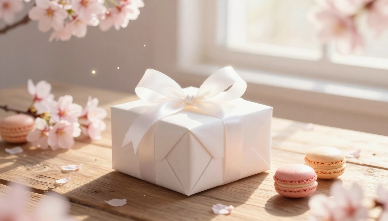A beautifully wrapped gift box with a glowing white ribbon, ...