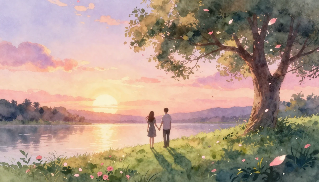 A soft and dreamy watercolor painting depicting two silhouet...