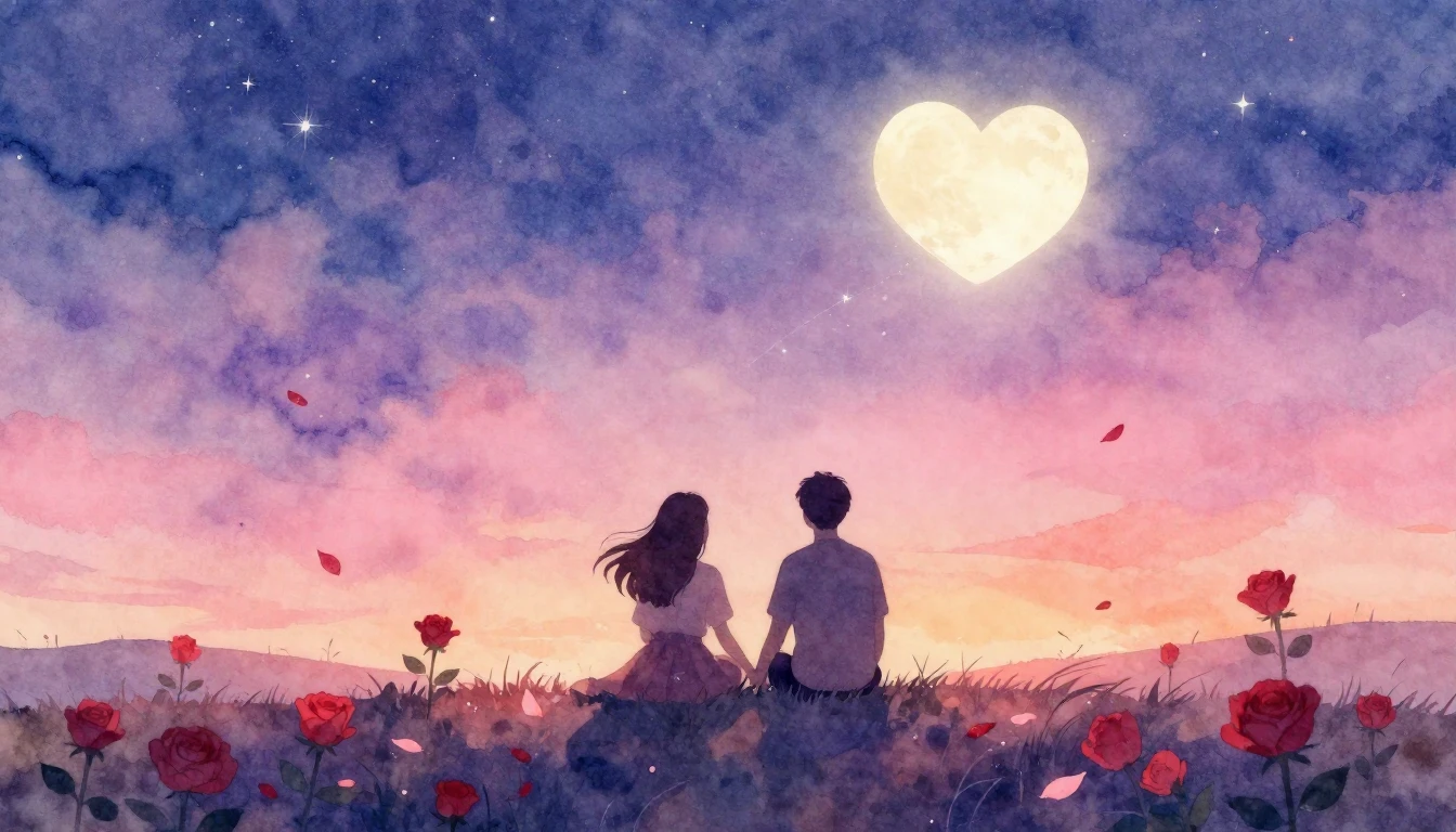 A soft and dreamy watercolor illustration depicting two silh...