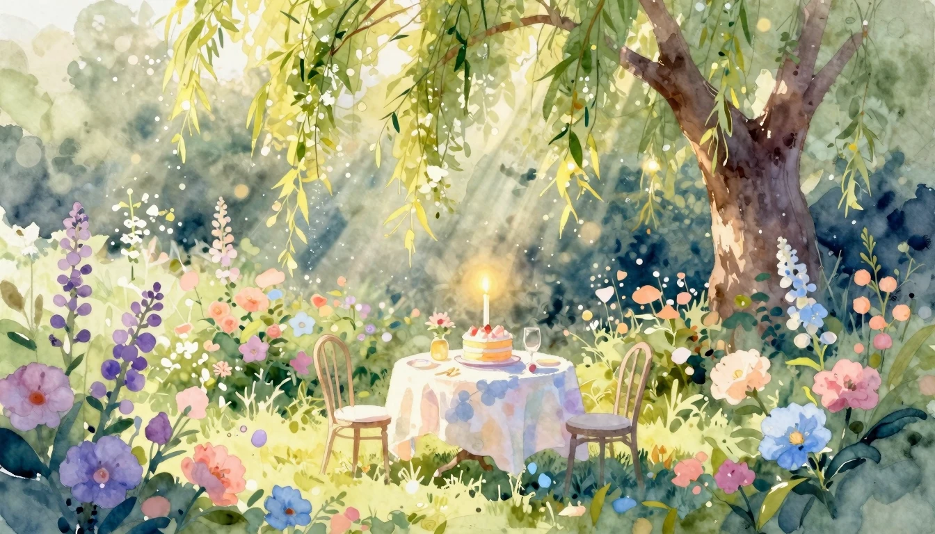 A beautiful and serene watercolor painting of a bright, sunl...