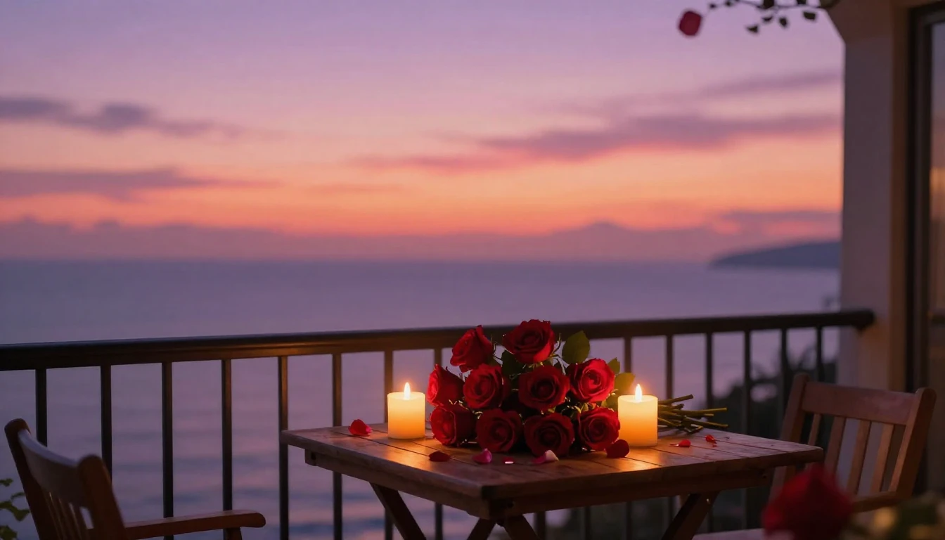 A romantic and dreamlike scene of a cozy balcony at sunset, ...