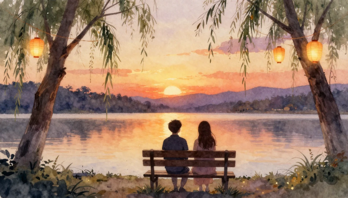 A warm and cozy watercolor painting depicting a serene lands...