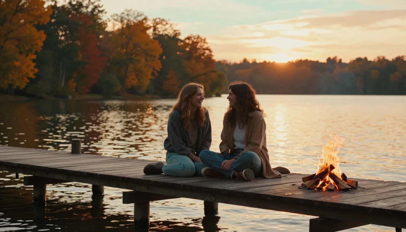 A warm and cozy scene of two best friends sitting on a rusti...