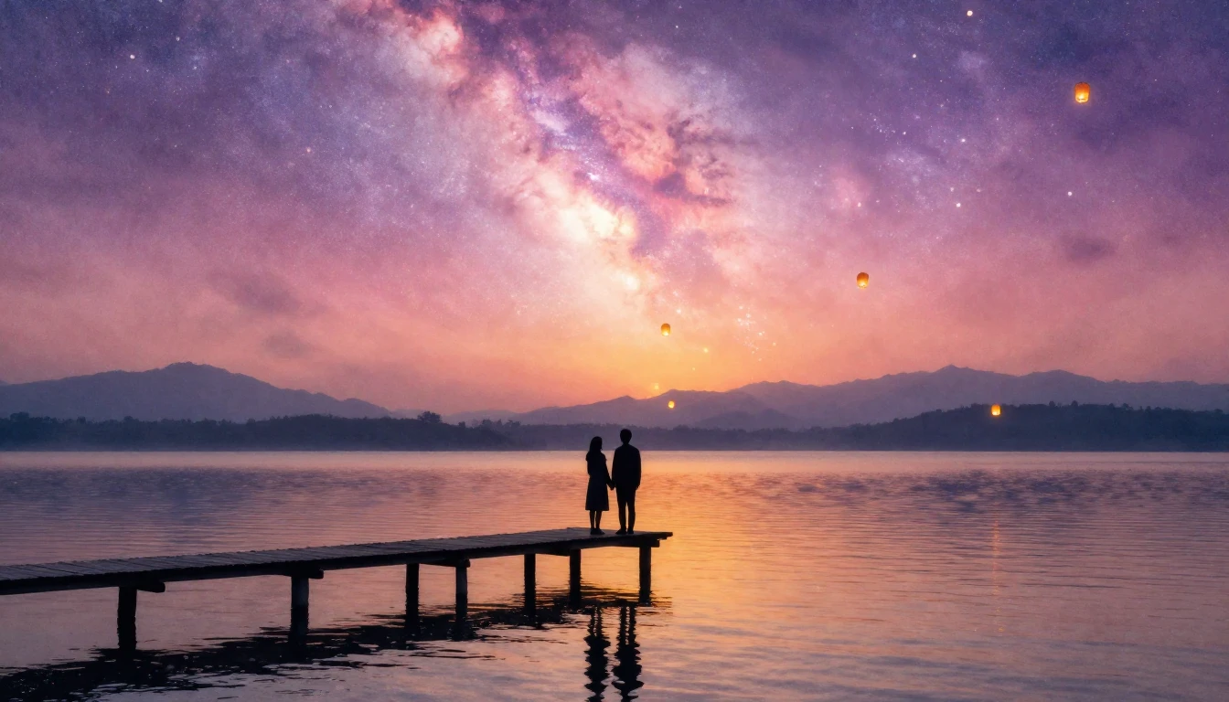 A dreamy and romantic scene featuring two silhouettes of a c...