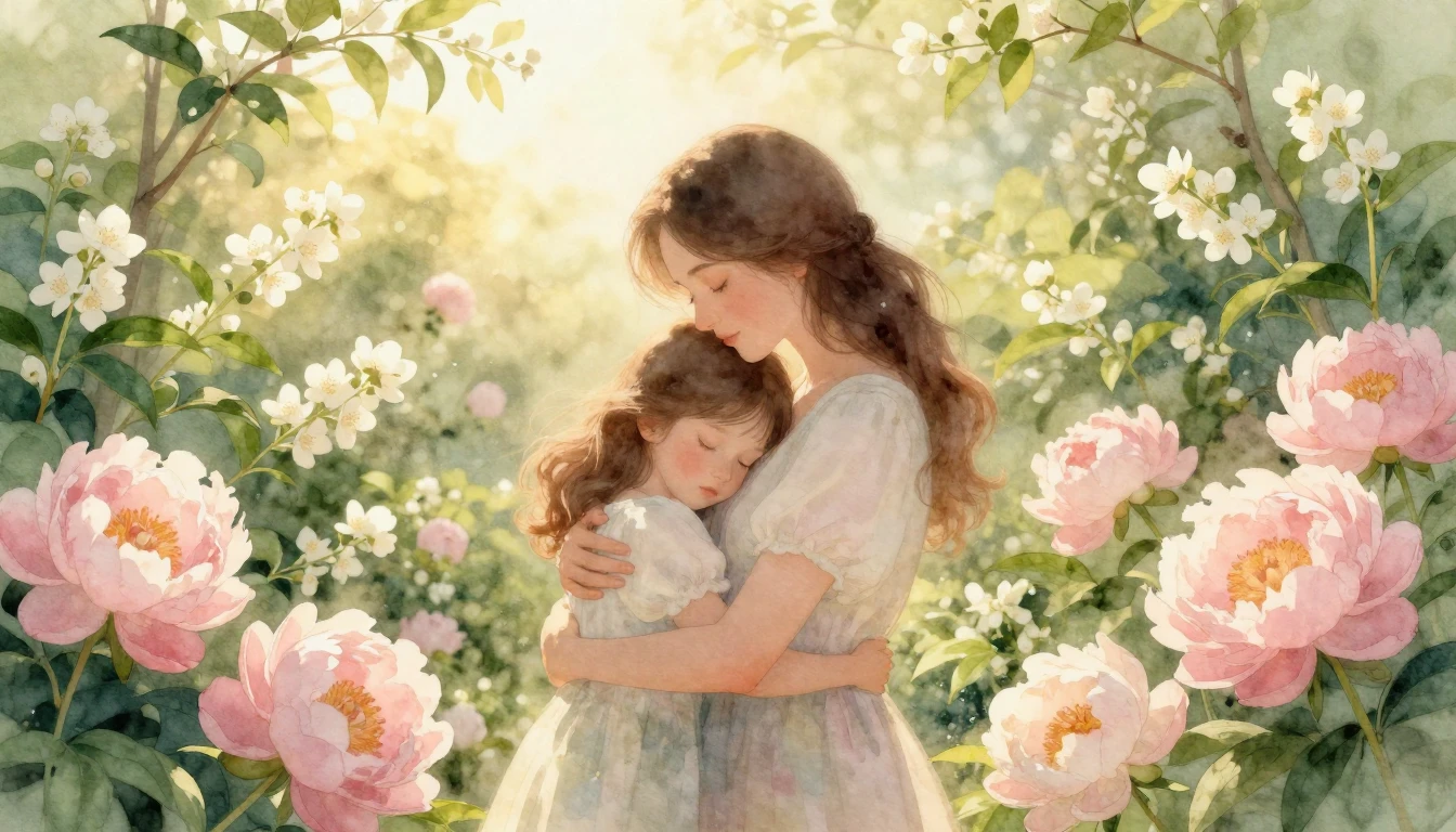 A tender and ethereal scene in a sun-drenched garden filled ...